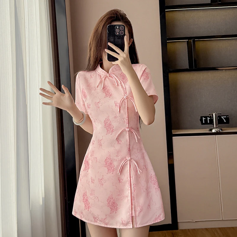 2026 New Chinese Style Floral Cheongsam Set - Sweet Pink 2 Piece Qipao Dress with Shorts, Elegant Spring Summer Outfit view 3