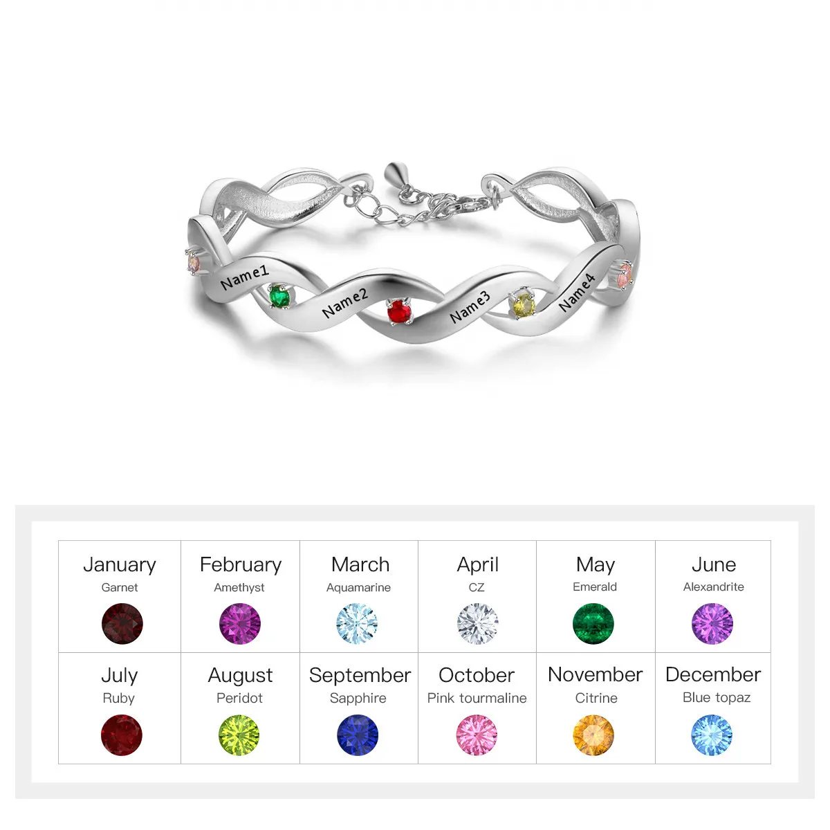 Imagem -02 - Jqueen 925 Pulseira de Prata Personalizado Zircão Redondo Gem Birthstone Nomes Infinito Loop Pulseiras Presente de Aniversário Feminino Jóias