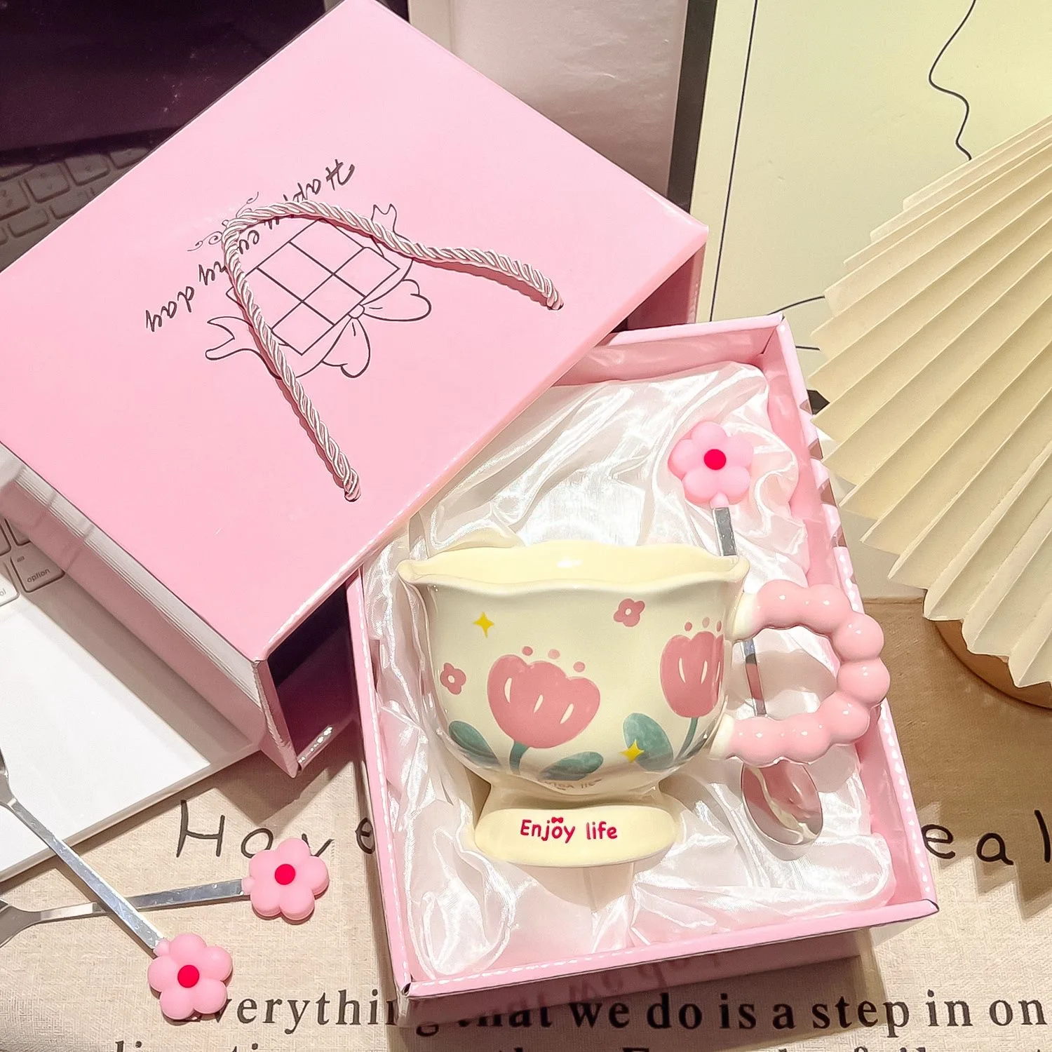 Tulip Flower Ceramic Mug with Gift Box,Girls' Birthday Gift Water Cups,Creative Kawaii Cup,High-value Coffee Mugs,Couple Tea Cup
