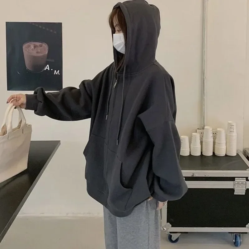 

Zipper Hoodie Fall Unisex Hooded Sweatshirt Cardigan Solid Color Classic Zipped Jackets Korean Fashion Baggy Outerwear Clothing