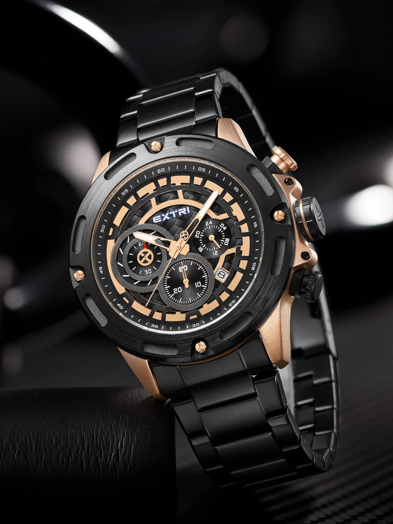 Extri Hot Sale Stainless Steel Luxury Brand Functional Watches Chronograph Men Golden Watches with Discount Price