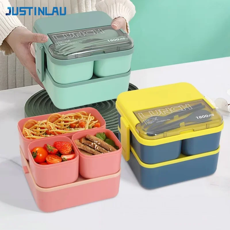 JUSTINLAU 1100/1800ML 2 Layer Compartment Lunch Box For Kids With Fork and Spoon Microwave Bento Boxes Food Storage Containers