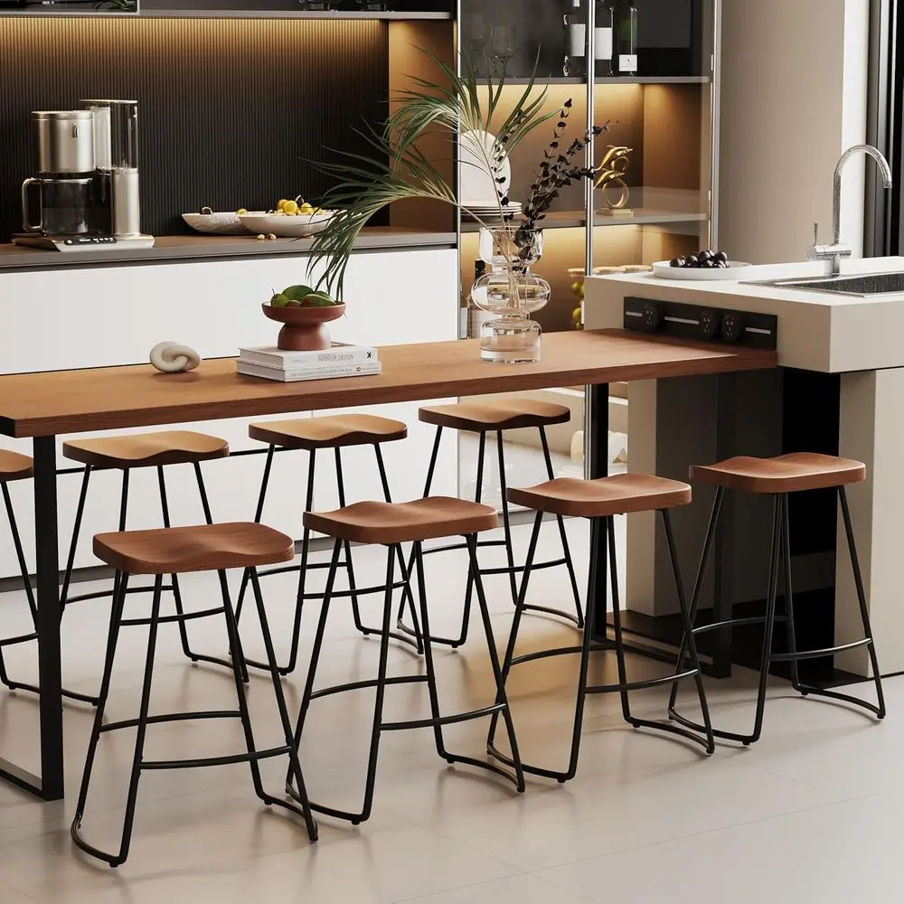Set of 4 Metal Bar Stools, Brown, Counter Height Kitchen Island Chairs for Dining - view 3
