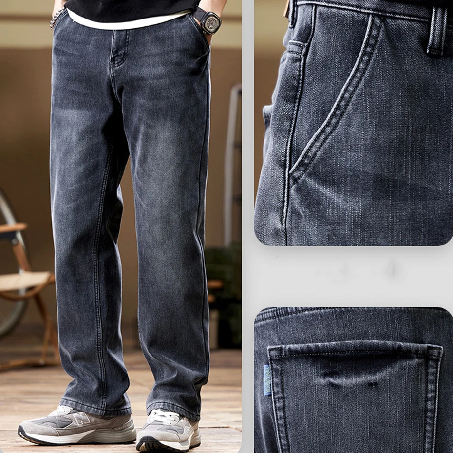 Winter Thick Fleece Denim Pants Men Plus Size Jeans Fashion Casual Solid Color Jeans Male Thick Trousers Big Size