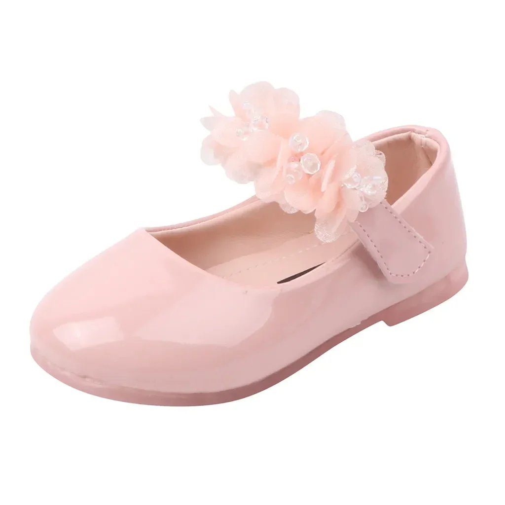 Toddler Infant Kids Girl Lace Crystal Bright Princess Party Leather Shoe Dance Shoe Solid Hook & Loop Children\'s Shoes For Girls