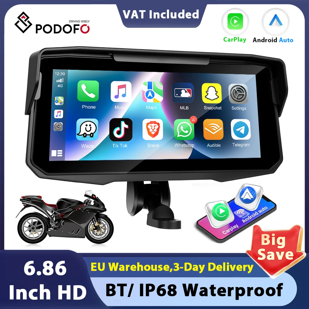 Podofo 6,86'' Motorrad-Monitor Smart Screen Player Carplay-Bildschirm Android Auto BT IP68 Wasserdicht Reifendruckanzeige Airplay