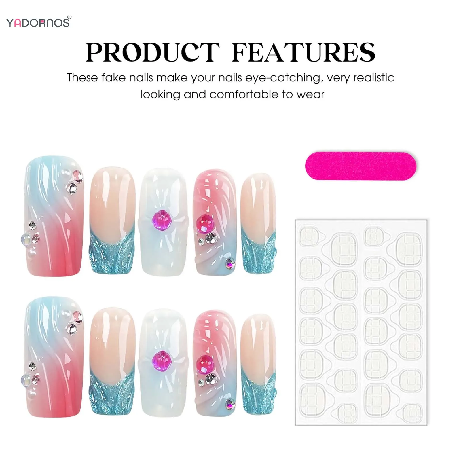 10 stücke handgemachte Presse auf Nägeln Französisch Stil langen Sarg bunten falschen Nagel mit glänzenden Diamant Dekor Sommer Nagel Maniküre Kunst