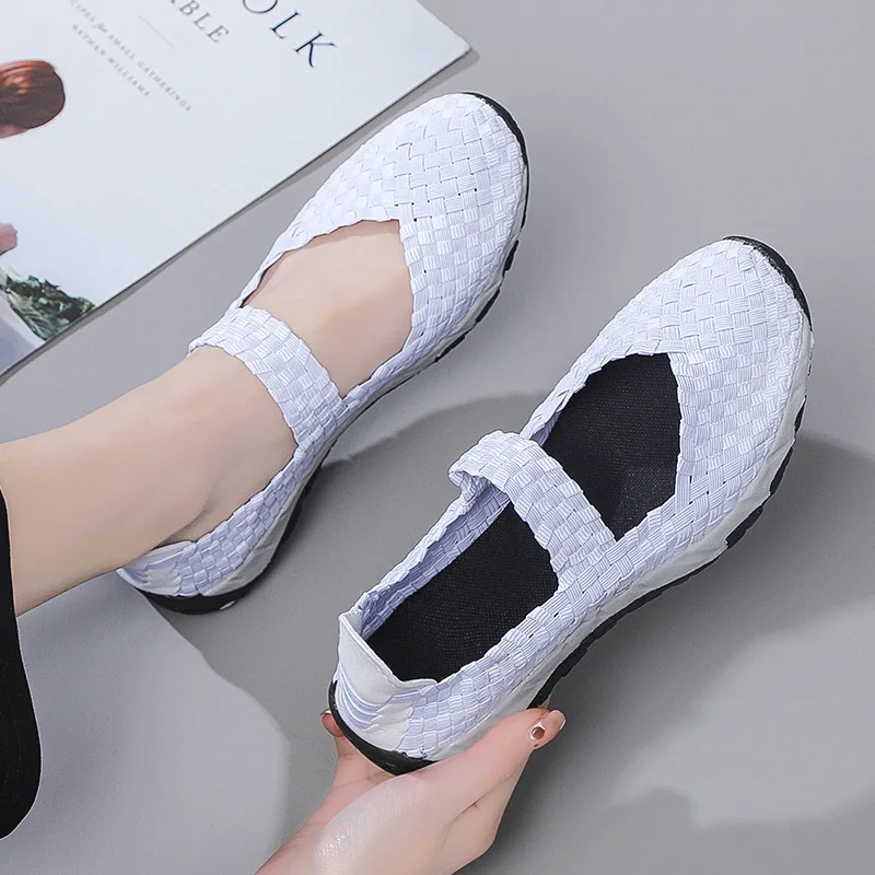 Summer Women Flat Shoes New Fashion Elastic Band Weave Shoes Breathable Lightweight Women Casual Loafers Zapatos De Mujer