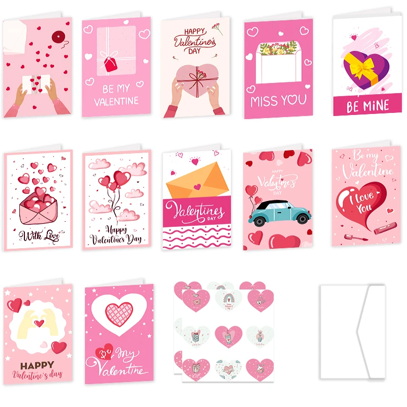 26pcs/set Valentines Day Fold Greeting Cards with Envelopes Pink love Heart Postcard DIY Gift Card Wedding Party Decorations