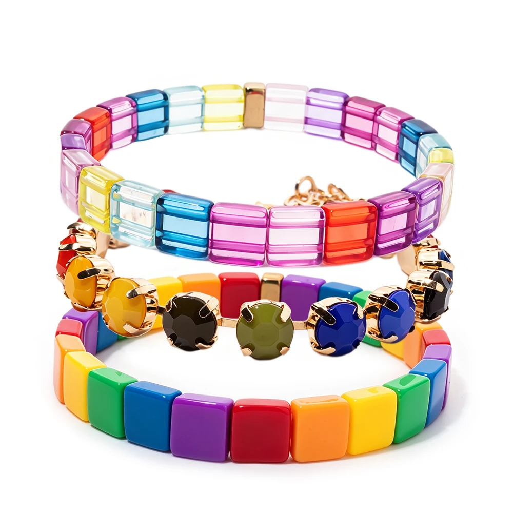 Summer Colorful Rainbow Square Bead Elastic Bracelet Set Transparent Resin Tile Charm Bracelet Women Fashion Jewelry