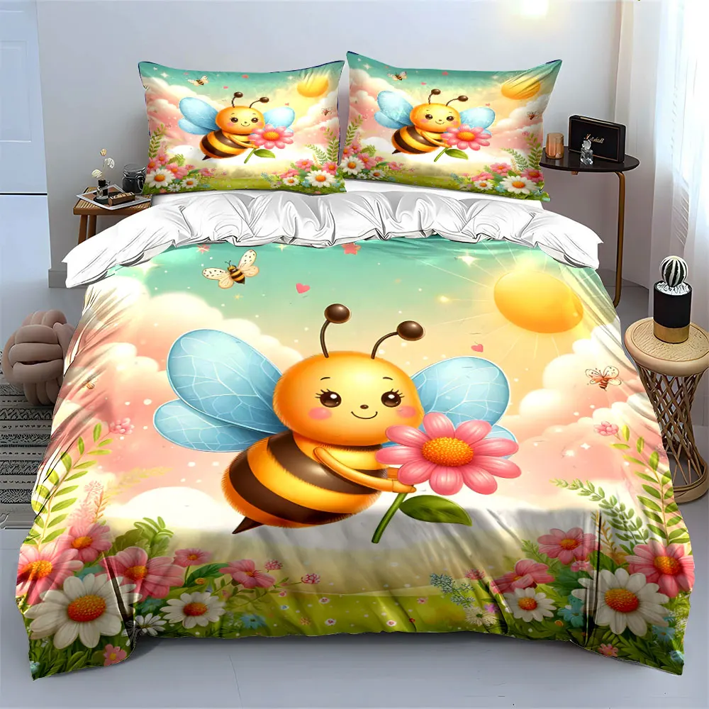 Fairy Tale Bee with Flowers Print Soft Comfortable Duvet Cover Bedding Set Included 1*Duvet Cover  2*Pillowcases Luxury gifts