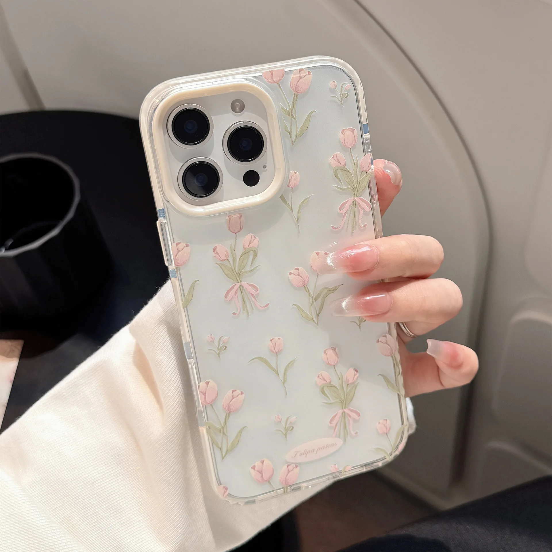 Korean Full Screen Pink Tulip Flowers Phone Case for iPhone 17 16 15 14 13 12 Pro Max Transparent Shockproof Protective Cover view 4