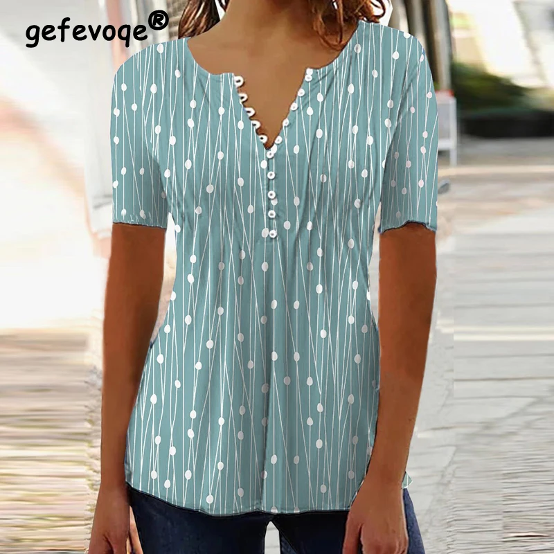 Women V-neck Polka Dot Print Elegant Blouse Summer Fashion Short Sleeve Loose Tunic Tops Casual Button Up Shirts Female Clothing