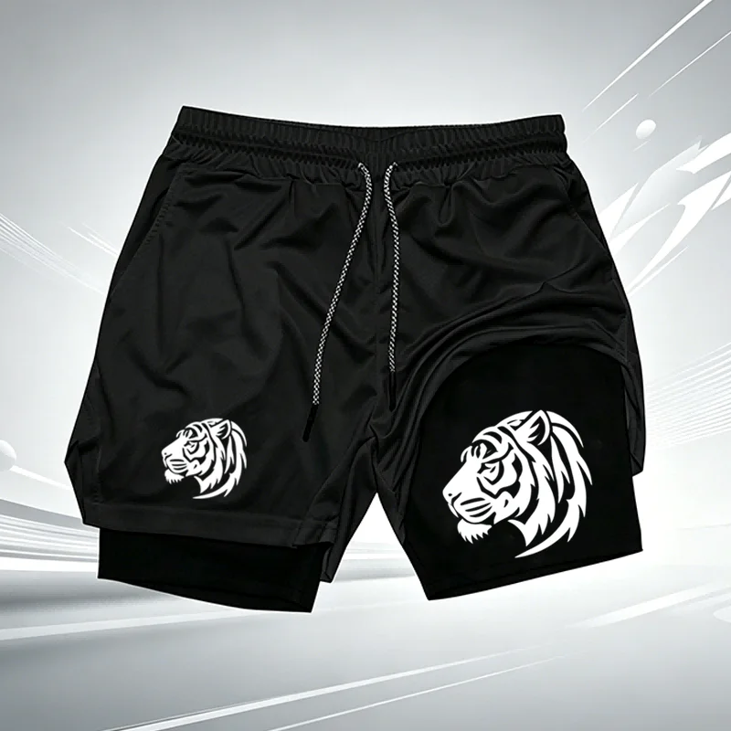 Men's Tiger Print 2 in1 Sports Shorts Quick Dry Compression Liner Drawstring Athletic Gym Running Workout Training Shorts wx301