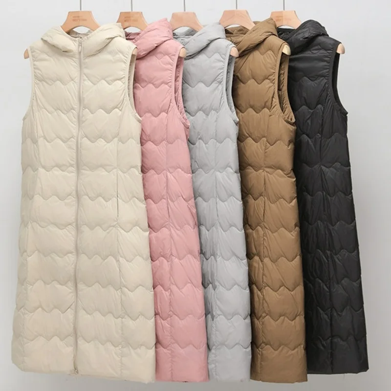 

Осенне-зимний теплый пуховый жилет без рукавов с капюшоном, ультралегкий, из белого утиного пуха, женский, удлиненный, в стиле парки