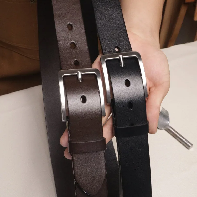 

Casual Stainless Steel Buckle Male Pants Belt, Simple Commuter Head Layer Cowhide Waistband 3.8cm Width