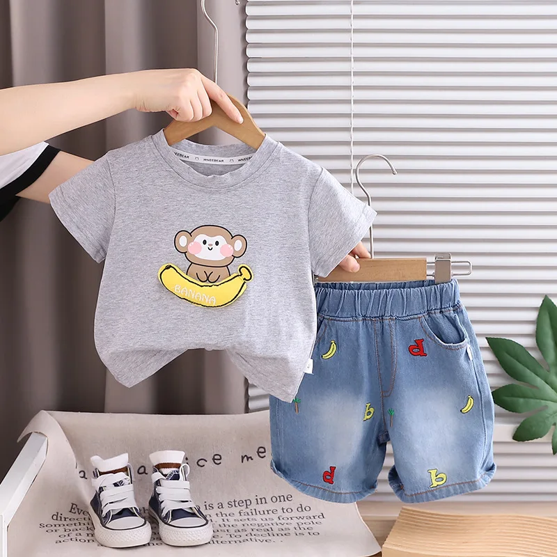 Toddler Boys Girls Monkey Banana Print T-shirt Alphabet Embroidery Denim Shorts Set 2026 Summer New Casual 2pcs Outfits