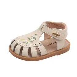 2023 New Summer Kids Sandals For Girls  Leather Cut-outs Embroidery Children Shoes Soft Sole Fashion Toddler Kids Sandals 21-30