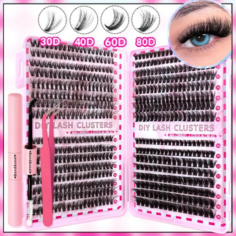 Cluster Lash Application & Removal Kit All-in-One Set with Bonding Agent, Sealant, Tweezers Remover for Secure Long-Lasting Wear