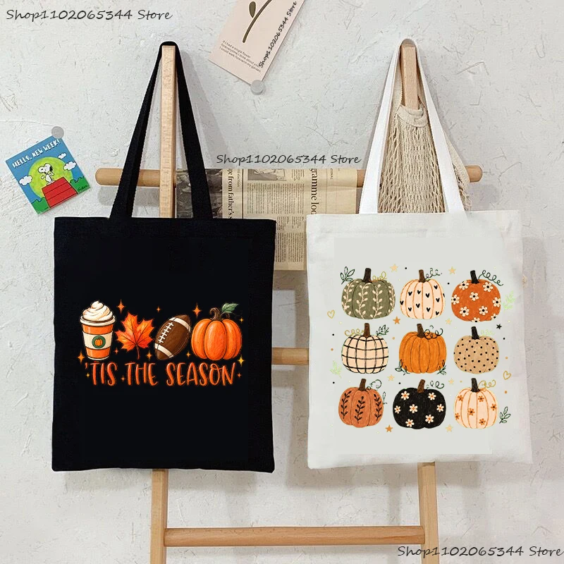 Tis The Season Fall Tote Bag Vintage Pumpkin Maple Leaf Coffee Football Canvas Shoulder Bag Autumn Thanksgiving Holiday Handbag