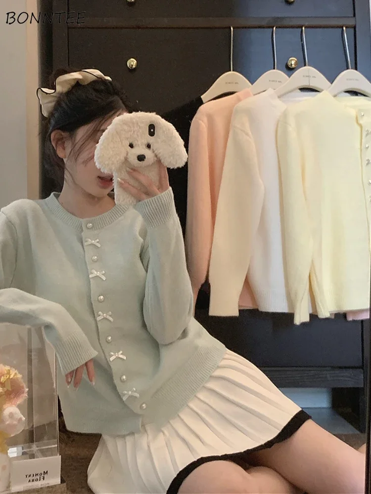 

Кардиганы с круглым вырезом для женщин Ulzzang ярких цветов с бантом, милые вязаные пальто для девочек, теплая осенне-зимняя мода Кардиган Женский