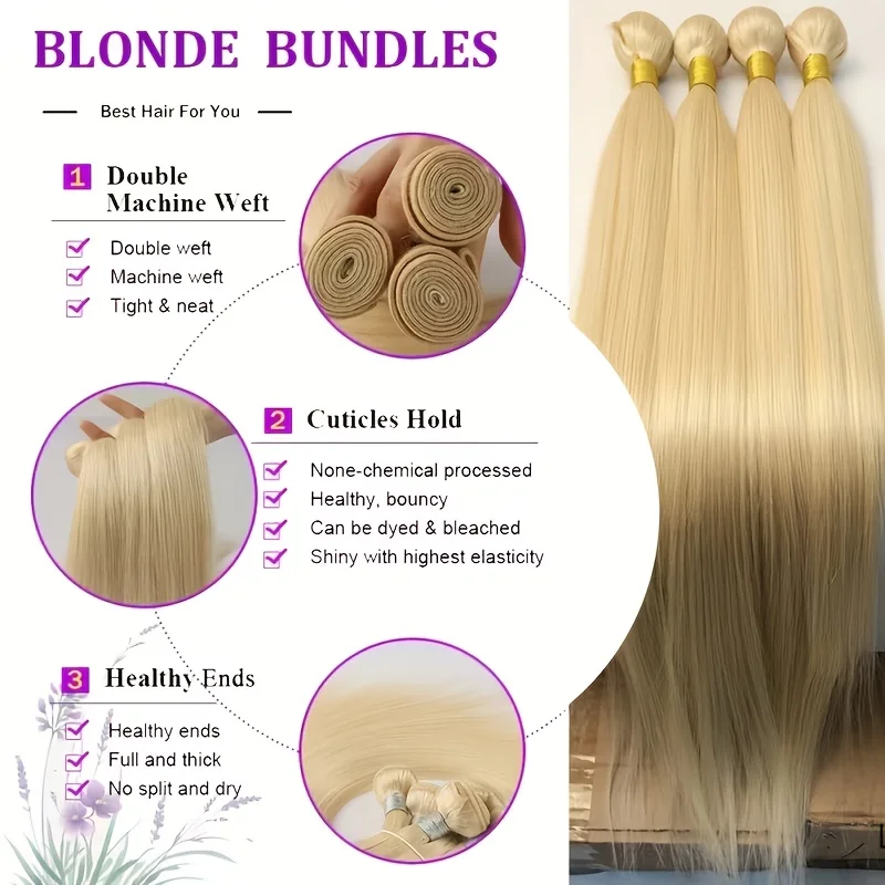 613 Bundles Blonde Bundles Human Hair 24 26 28 30 Inch 613 Straight Hair 1/3/4 Bundle 12A Unprocessed Vietnamese Virgin Hair view 3