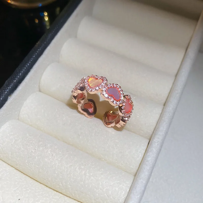 Sweet Pink Fritillary Heart Paved Open Rings for Women Dainty Rhinestones Index Finger Ring Charm Jewelry Dating Wedding L