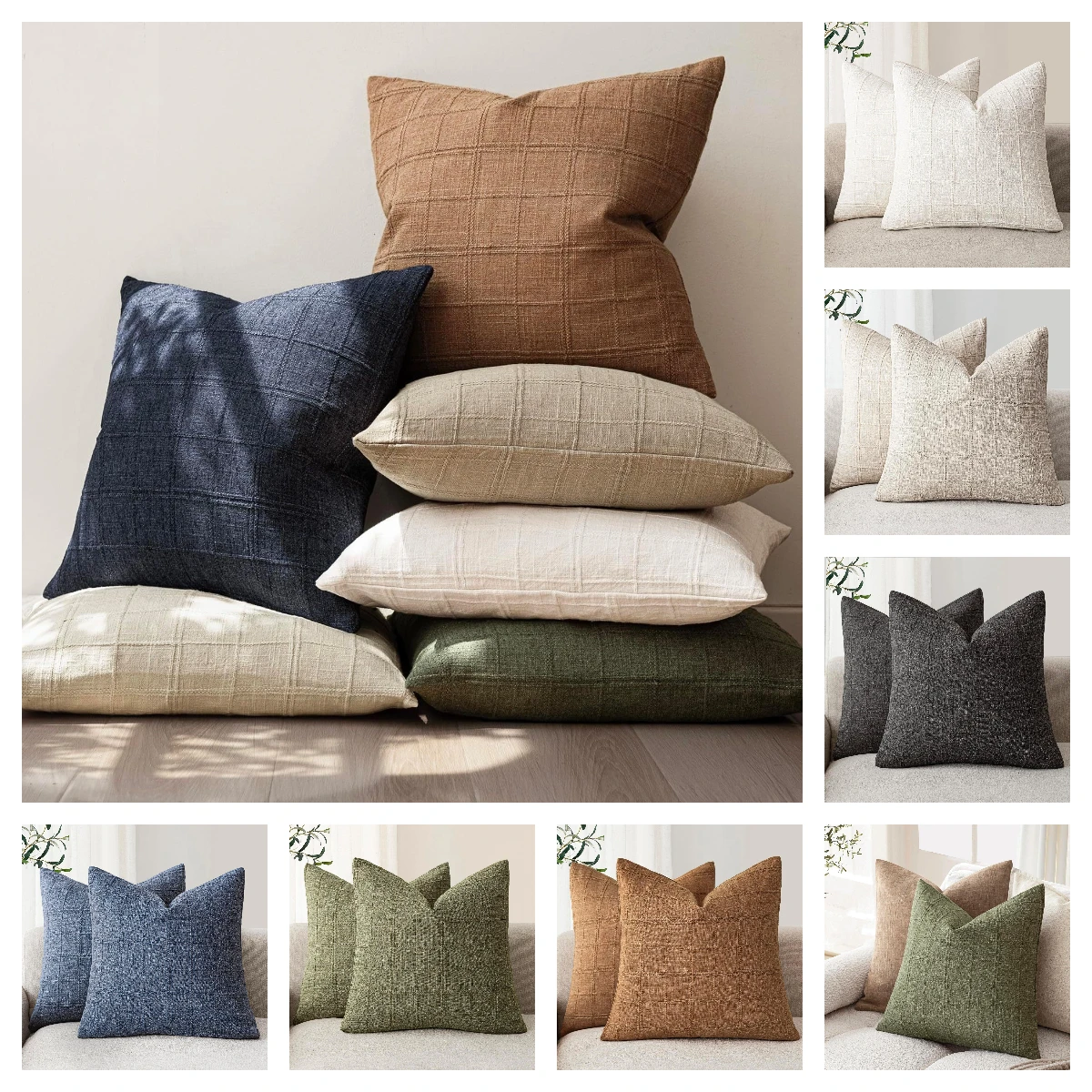 

Linen Check Throw Pillow Covers 18x18Inch Plaid Boho Neutral Home Decor Decorative Pillow Covers for Sofa Couch Bedroom Cushion
