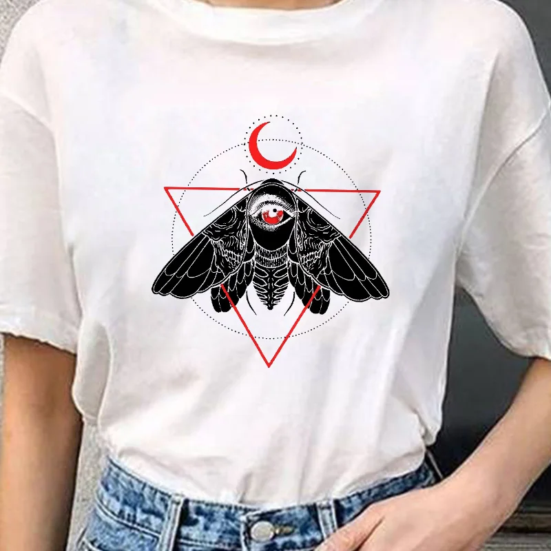 Rose Moth Moon Chic vintage Mujer Camisetas White Top Gothic T Shirts Aesthetics Graphic Short Sleeve t-shirt Polyester T-shirt