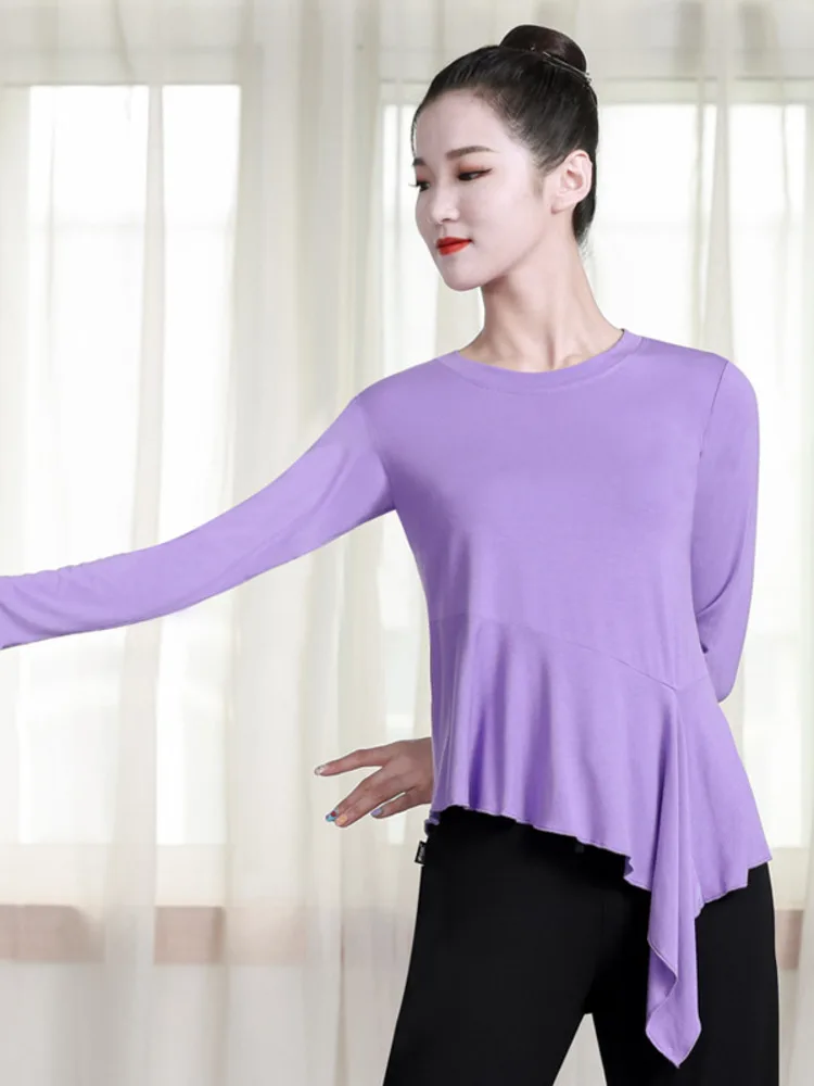 Round Neck Latin Dance Practice Tops Belly Wear Costume Classical Ruffle Competition For Prom Women Waltz Jazz Stage T-shirt