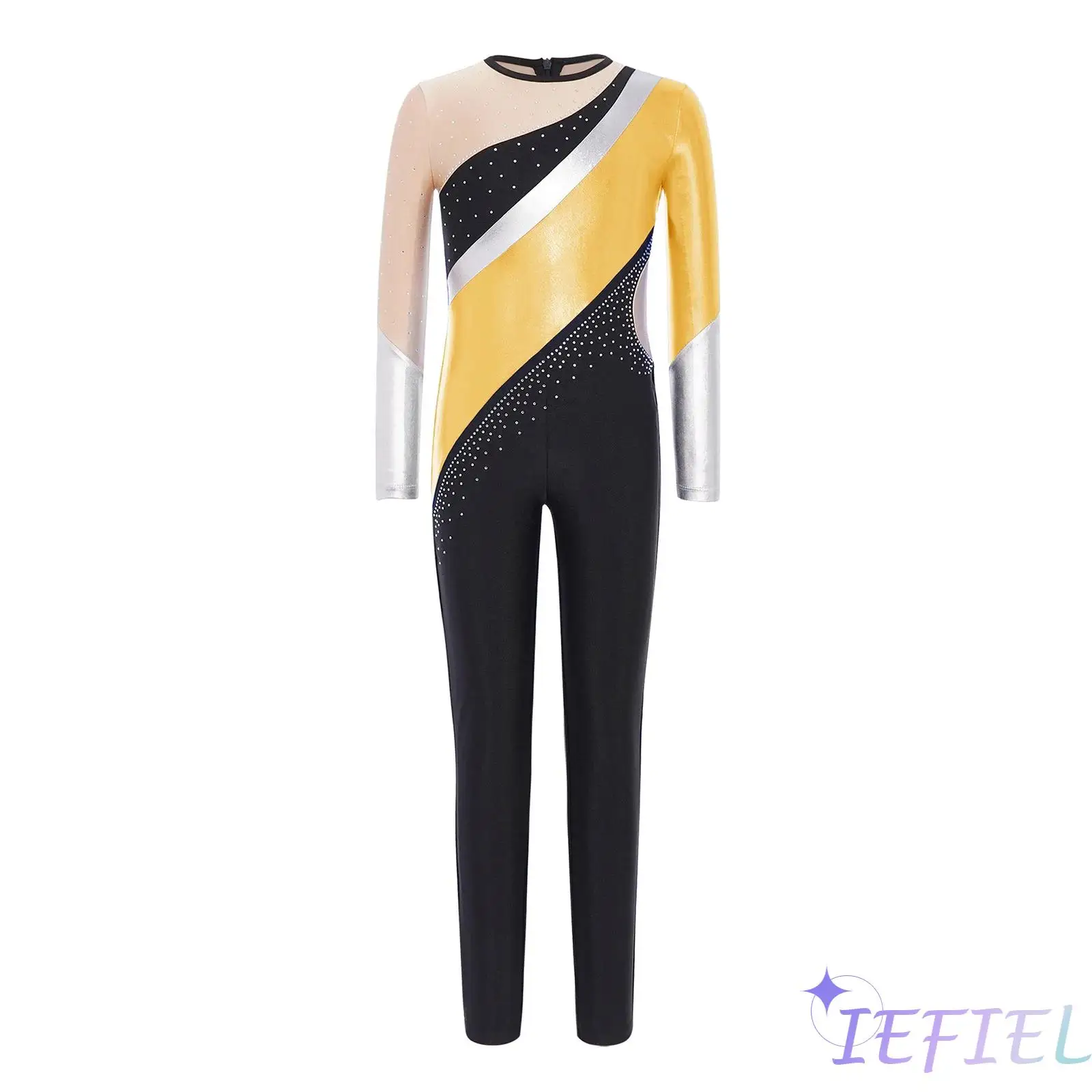

Kids Girls Gymnastics Jumpsuit Round Neck Long Sleeve Back Invisible Zipper Bodysuit for Figure Skating Performance Competition