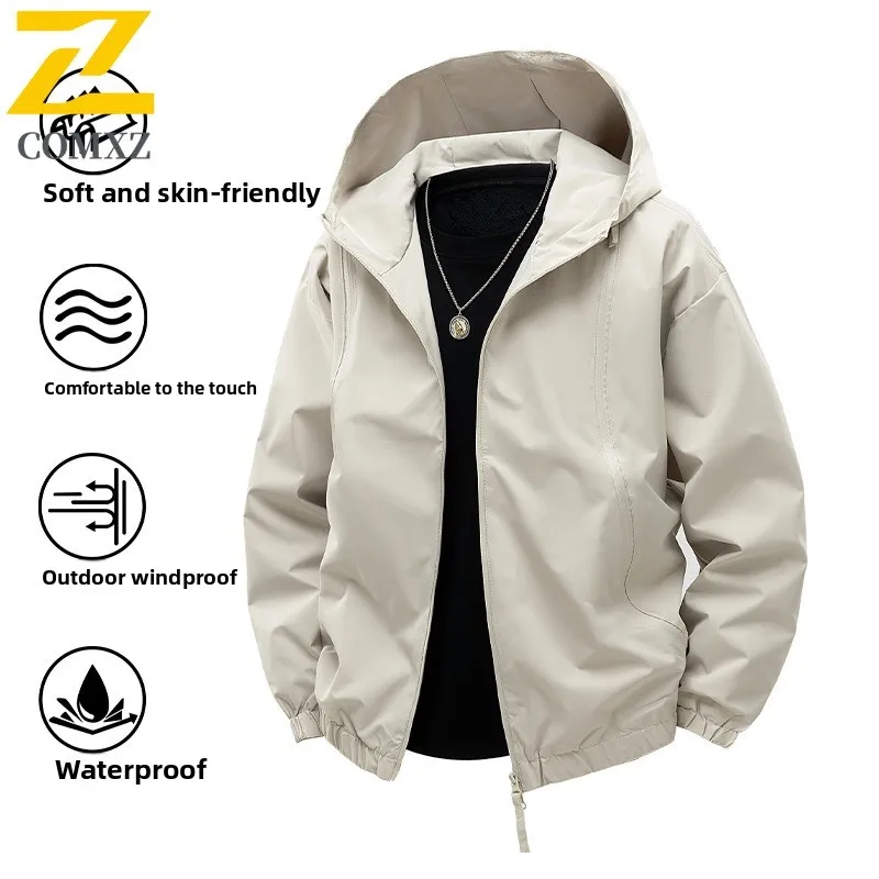 

COMXZ Men Jacket 2025 New Hooded Multi Pocket Windproof Waterproof Breathable Lightweight Outdoor Coat Trendy Zipper Sportswear