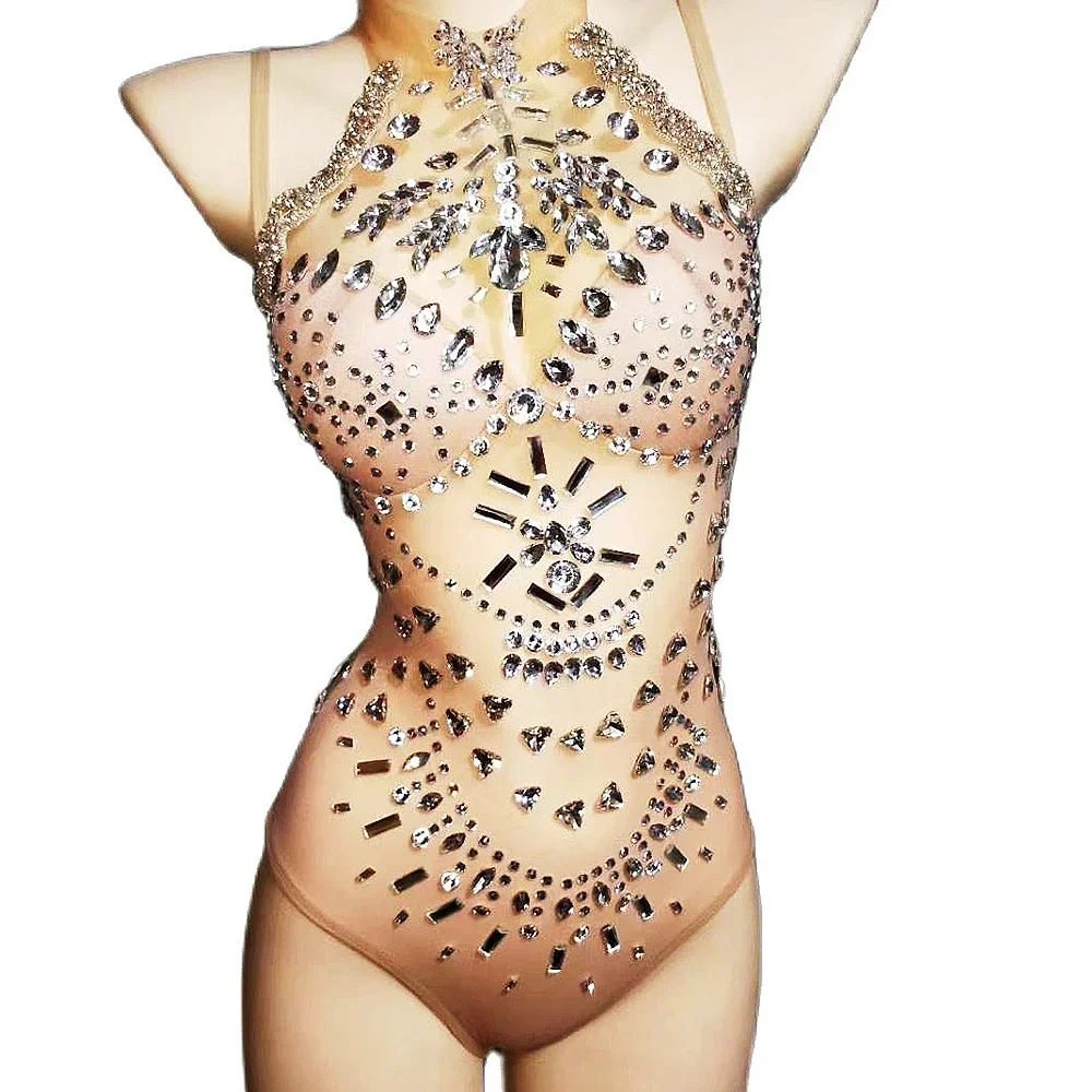 

Sleeveless Sparkly Diamonds Women Skinny Stretch Bodysuits Mesh Perspective Jumpsuits Backless Nightclub Pole Dancing Costumes