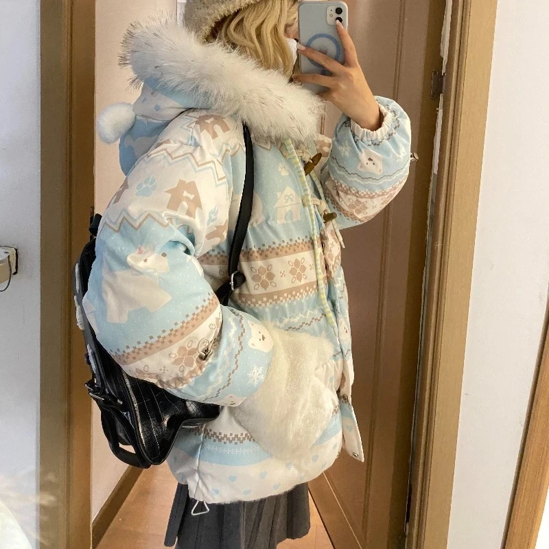 الحلو لوليتا أعلى لطيف الكرتون طباعة الفراء طوق آذان الدب مقنعين سترة فضفاضة تنوعا معطف الحراري الخريف الشتاء النساء #4