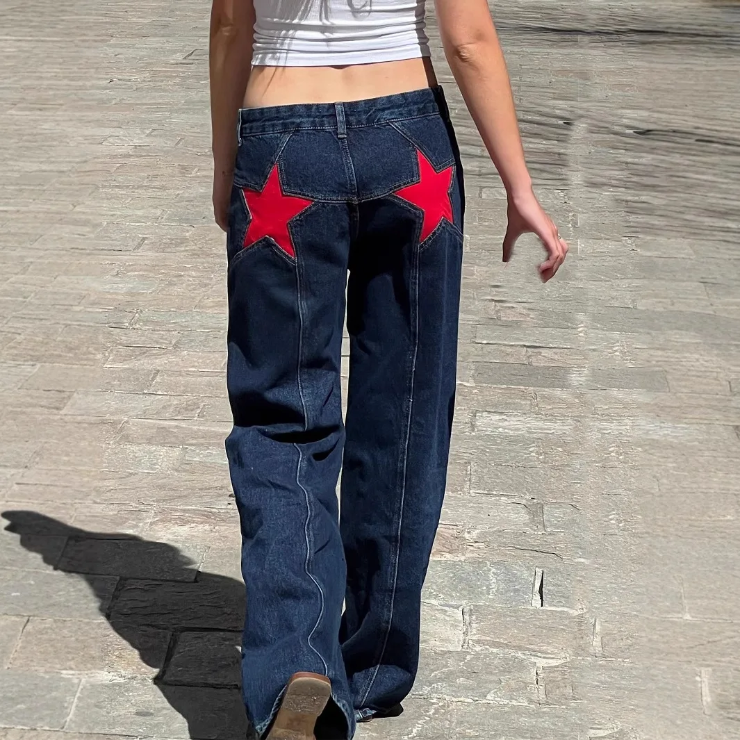 Y2K Vintage Jeans Women's Aesthetic Star Pattern Print Loose Straight Leg Denim Long Pants Casual Low Waist Trousers