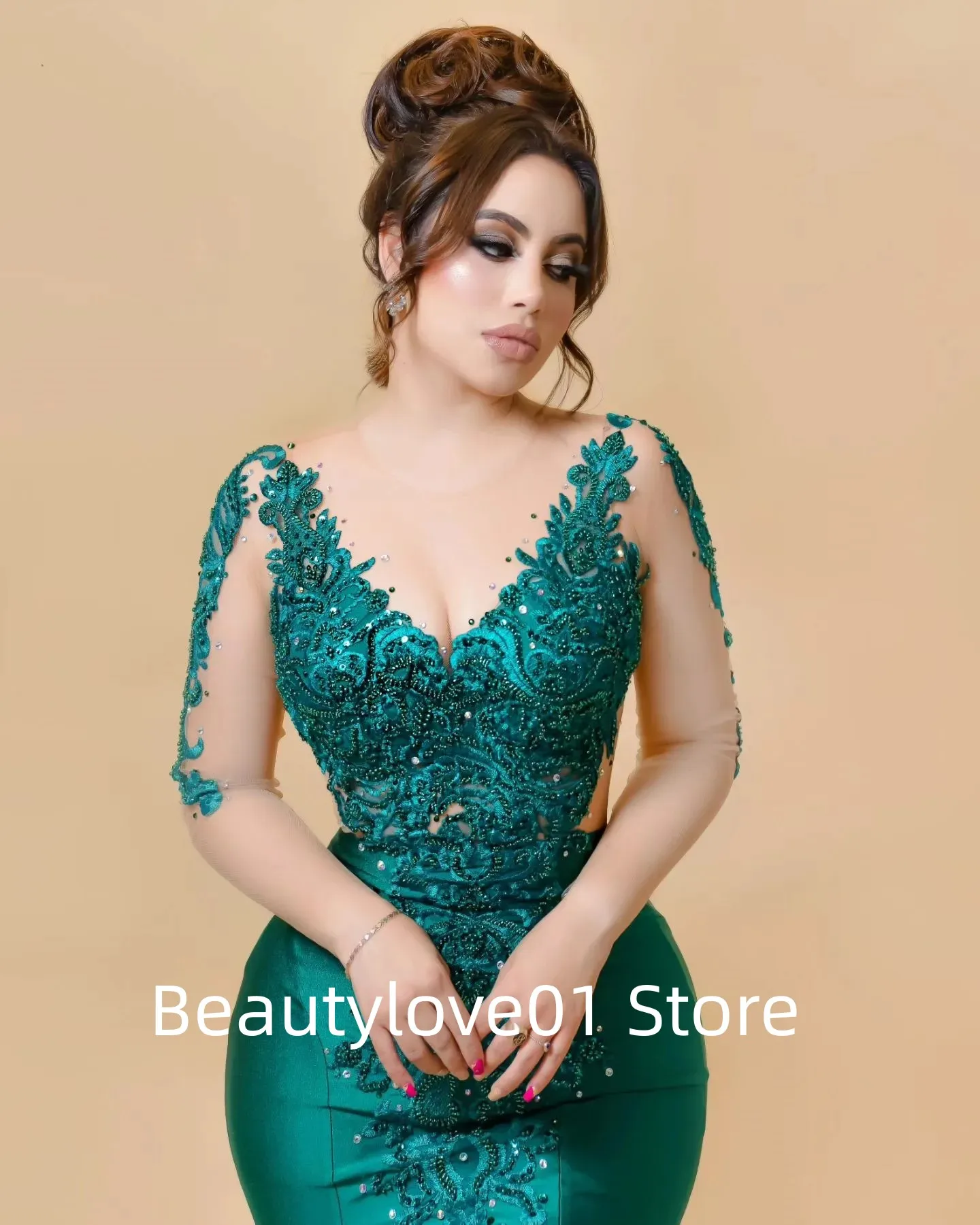 2024 Green Deep V Evening Dress Ball Dress Green Sticker Collar Sequin Long sleeved Mermaid Style Ball Dress Formal OccasionRobe