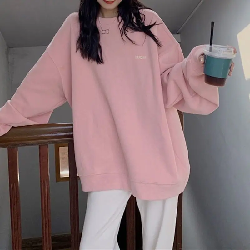 Pink Oversize Hoodies Women 2021 New Spring Autumn O-neck Pullover Sweatshirts Female Korean Style Loose Thin Long Sleeve Tops