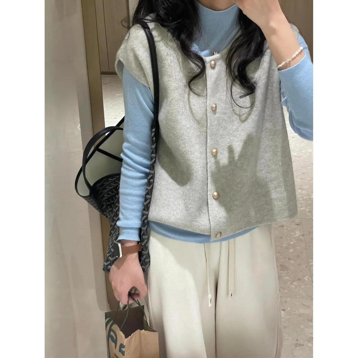 

Autumn Winter Knitted Sweater Vest Women's Slim Fit Base irt Two Piece Set Commute Sle Pure Color Long Sve f High C...