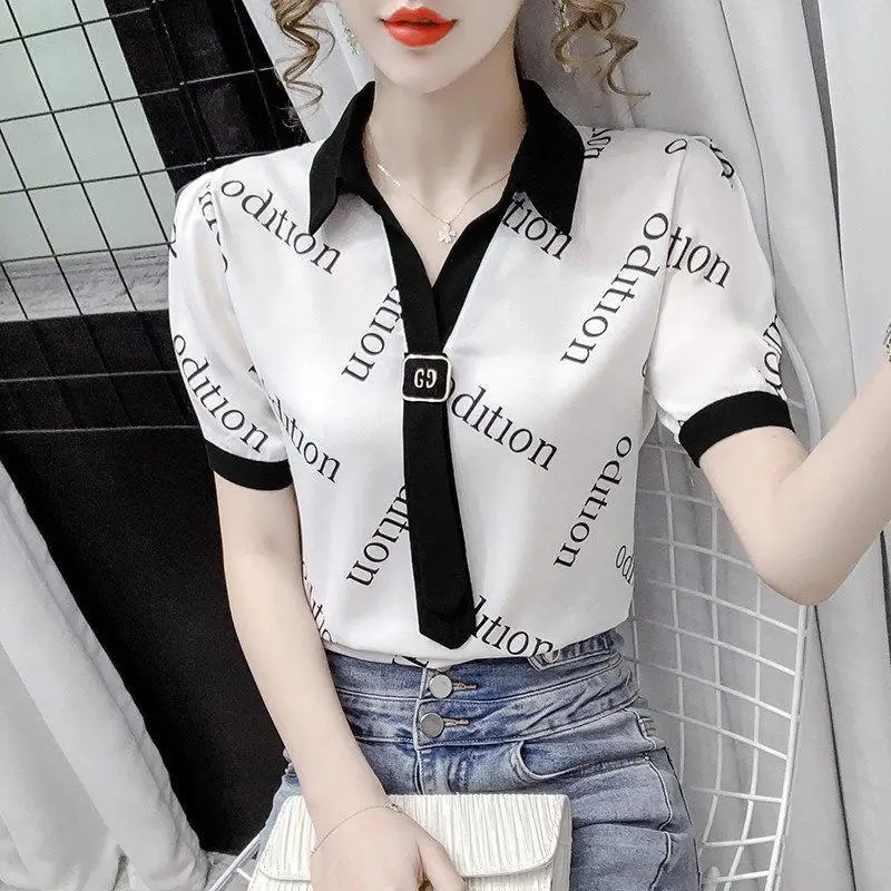 Printing Chiffon Thin Blouse Summer New Short Sleeve Polo Neck Loose Contrast Office T Shirt Tops Vintage Fashion Women Clothing