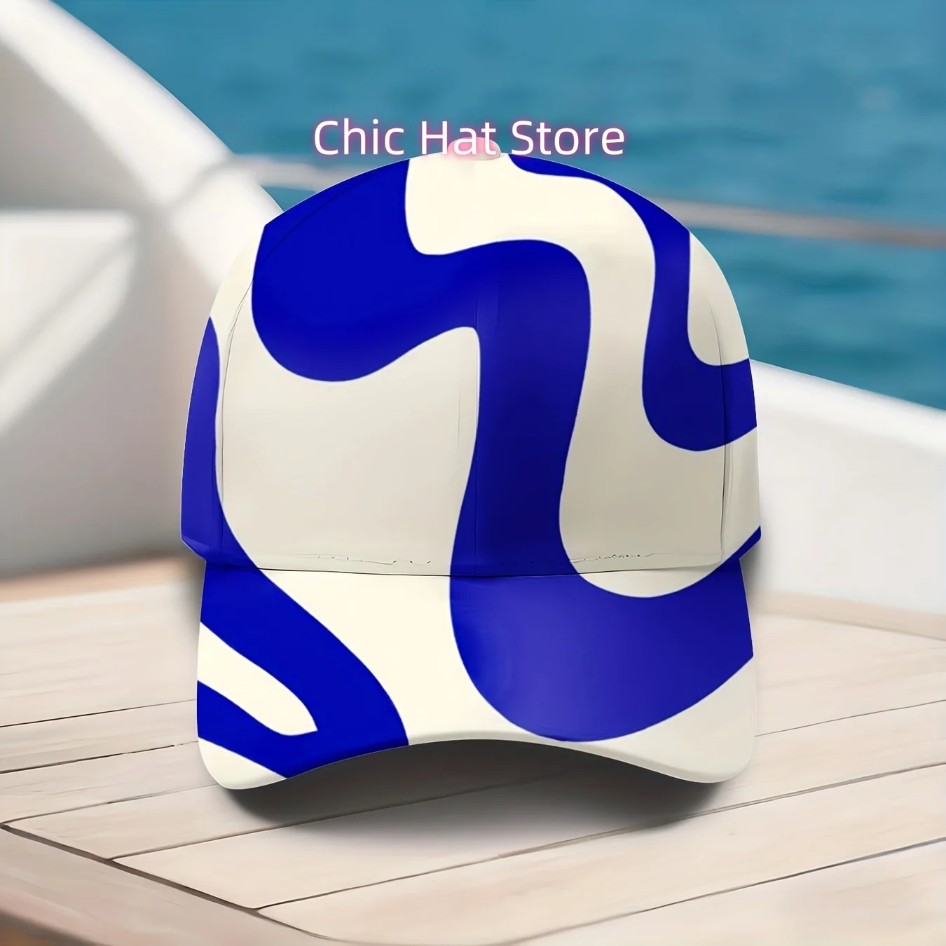 Blue-and-white Abstract Wave-printed Baseball Cap, Trendy Art Pattern Hat, Street Fashion Cap, Adjustable for Men And Women, Sui