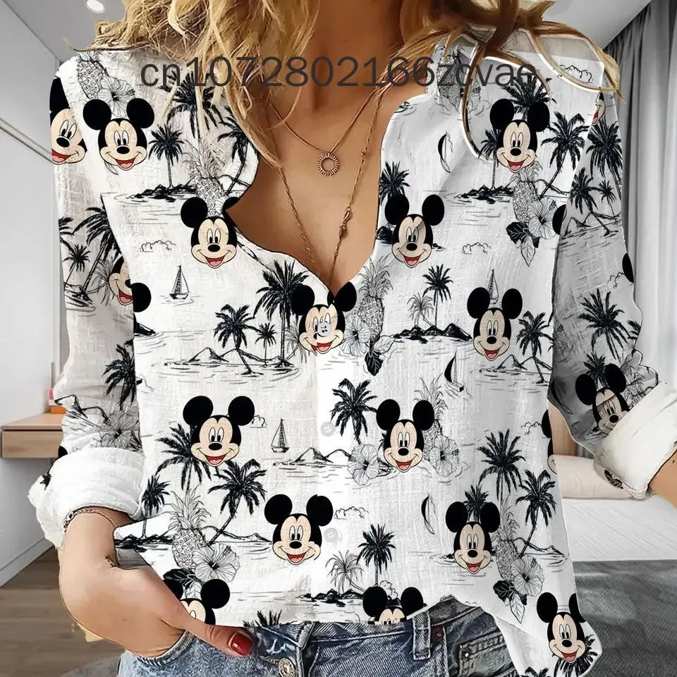 Summer New Disney Minnie Mouse Women\'s Long Sleeve Shirt Disney Button Cardigan Temperament Simple Shirt Street Women\'s Shirt