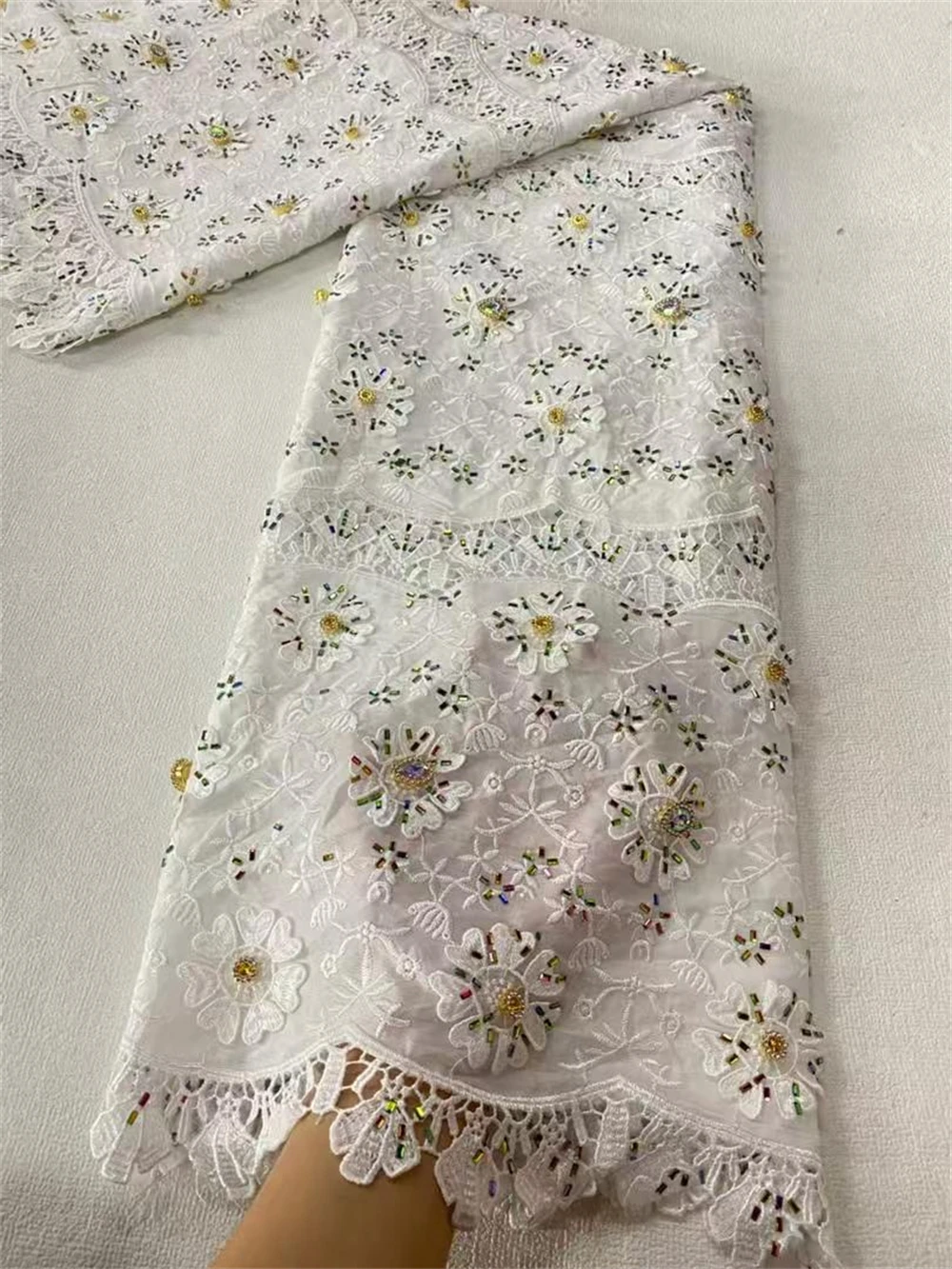 

2025 High-Quality Africa Nigerian Sequins Cotton Embroidery Lace Fabric Tulle for Wedding Party Dress Chiffon JL480 5 Yards