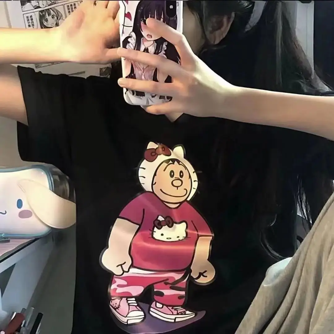Merhaba Kitty kısa kollu T-shirt kadın pijama sevimli japon animesi tombul kaplan yaz baskı yönlü bol tişört üst Ift