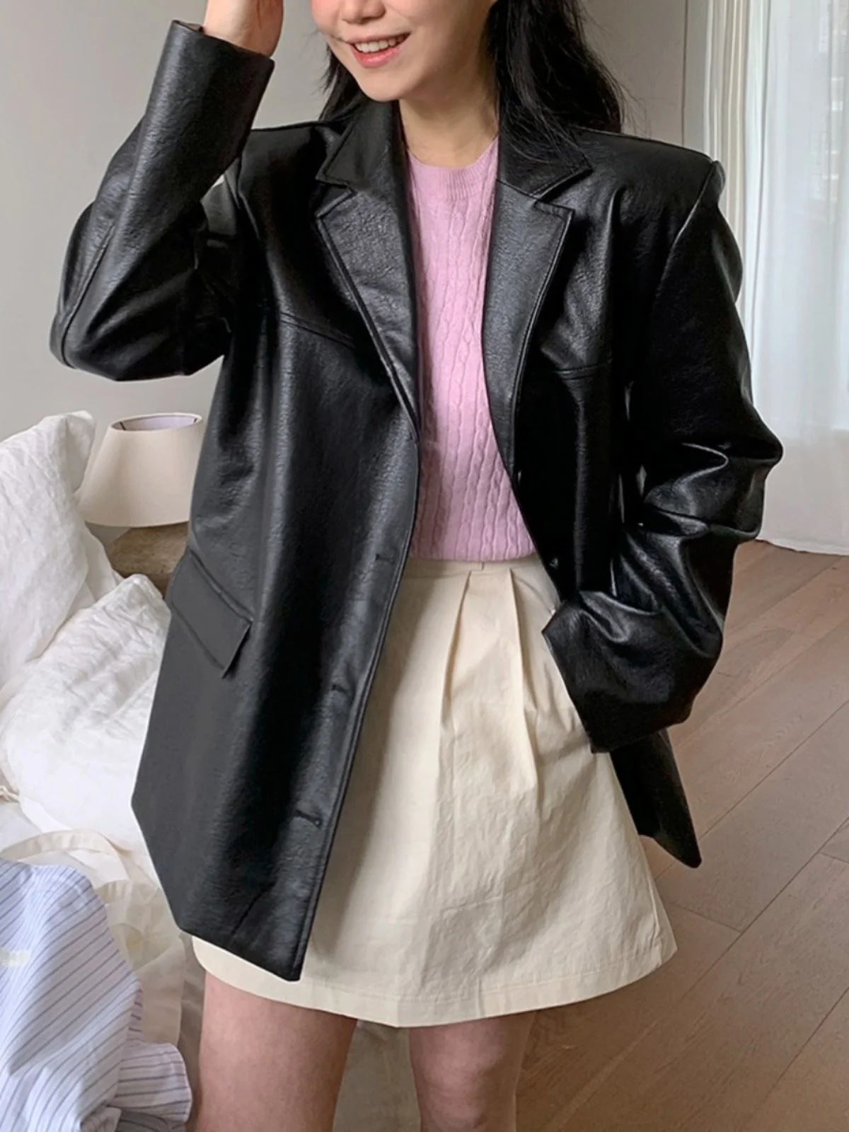 

Black Leather Jacket Women's Korean Style Winter Fashion Retro Suit Outerwear High-End Loose Versatile Top PU Leather