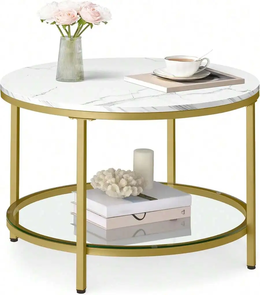 

Round Coffee Table, 2-Tier Small Coffee Table With Faux Marble Top And Glass Shelf, Modern Style, For Living Room, 25.6 X 25.6