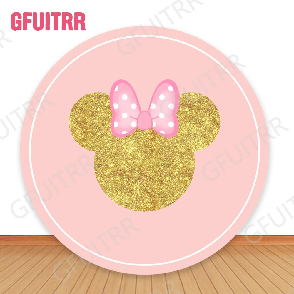 Disney Gold Minnie Round Backdrop Girls Birthday Party Baby Shower Decoration Pink Circle and Cylinder Covers Photo Background