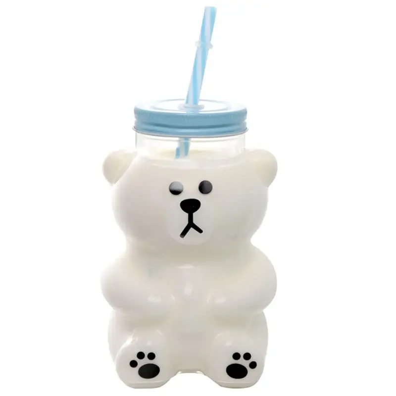 ABGE-Glass Sippy Cup 18.6Oz Kawaii Bear Design With Lid And Straw(Straw Color Random) Cute For Beverages Serious Bear