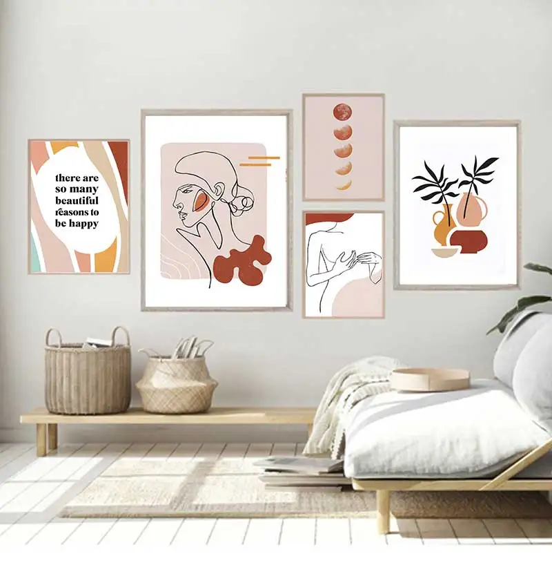1pc frameless Canvas Painting Simple Line Girl Nordic Wall Art Moon Changes Abstract Retro Posters and Prints Canvas Painting fo