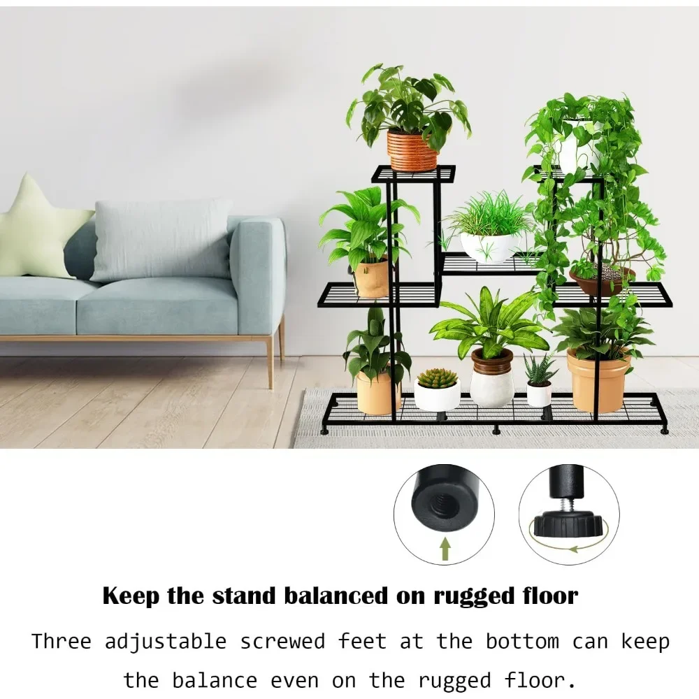 Soporte para plantas de metal de 4 niveles, estante decorativo para plantas de acero negro, soporte multifuncional para plantas