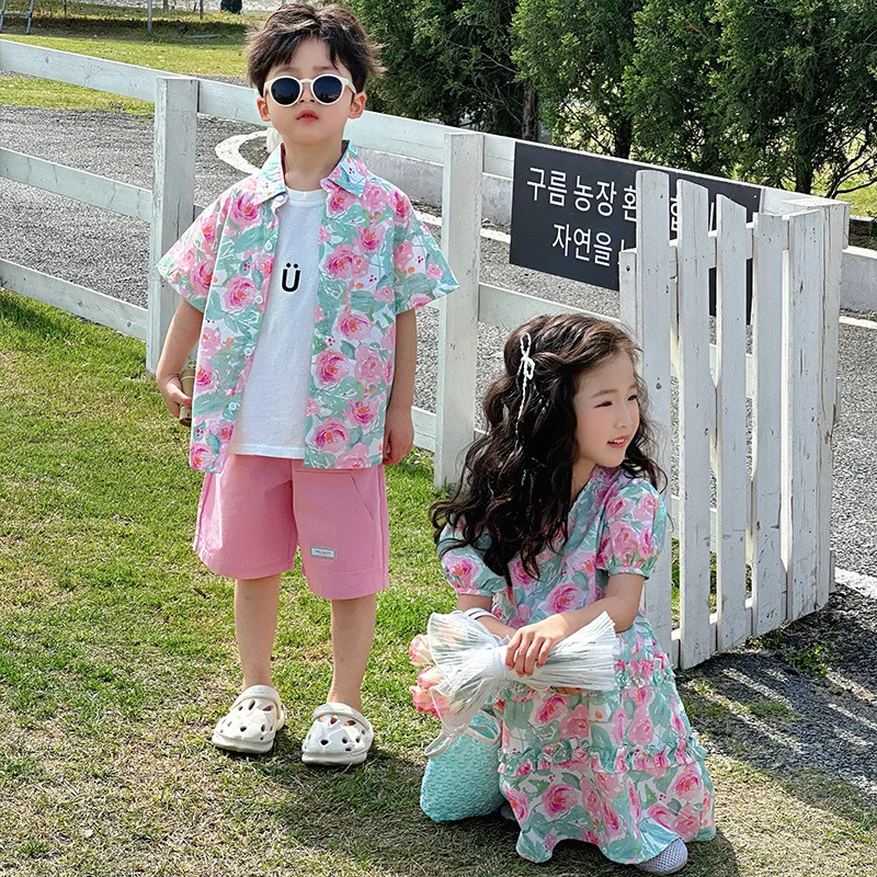 Vacation Summer Kids Baby Boy Flower Shirts 2PCS Suit Cotton Print Bubble Short Sleeve Little Girl Dress Outfit Siblings Clothes